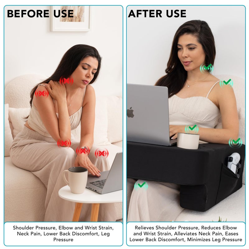 TabCouchCaddy Reading Pillow for Gaming - Extra Large Lap Desk & Arm Rest with Cup & Phone Holder  Adjustable Heights  Laptop Support  Large Pockets - Comfortable for Work  Gaming & Crocheting (Black) - Image 4